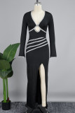 Schwarze Street Solid Pailletten Patchwork High Opening Langes Kleid mit V-Ausschnitt