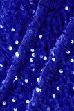 Blauwe sexy formele patchwork pailletten veren rugloze split schuine kraag avondjurkjurken
