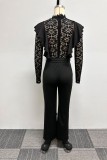 Black Sexy Casual Daily Elegant Lace Patchwork Flounce With Belt Solid Color Regular Jumpsuits