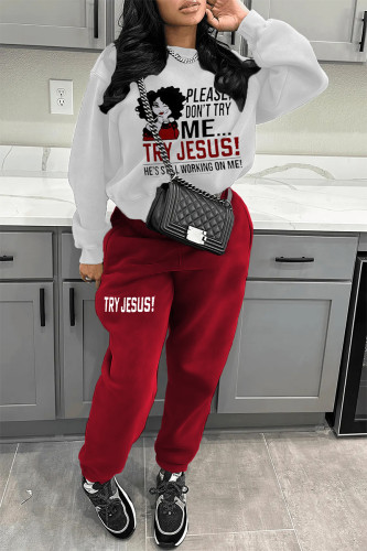 White Red Casual Letter Print Draw String Pocket Hooded Collar Long Sleeve Sweatshirt And Pants Sportwear Two Piece Jogger Set