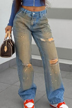 Blue Street College Solid Make Old Patchwork Pocket Buttons Zipper Low Waist Straight Ripped Denim Jeans