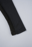 Vestidos de saia enrolados pretos sexy sólidos rasgados patchwork com decote em O