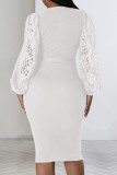 White Elegant Solid Lace Bandage Patchwork V Neck Pencil Skirt Dresses