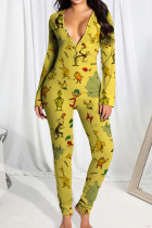 Gele Living jumpsuits met patchworkknopen en print