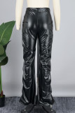Black Casual Solid Patchwork Fold Skinny High Waist Conventional Solid Color Trousers