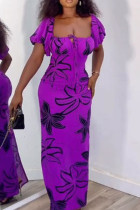 Robes de robe imprimées à col carré avec fermeture éclair et cordon de serrage en patchwork imprimé violet doux