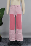 Bottoni tascabili patchwork color block rosa Street Cerniera Pantaloni patchwork dritti a vita alta dritti