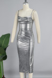Silver Elegant Solid Patchwork Slit Zipper Spaghetti Strap Long Dress Dresses