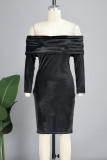 Zwarte sexy casual effen patchwork off-shoulder jurken met lange mouwen