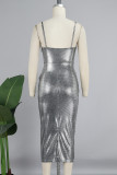 Zilveren elegante effen patchwork split rits spaghetti band lange jurk jurken