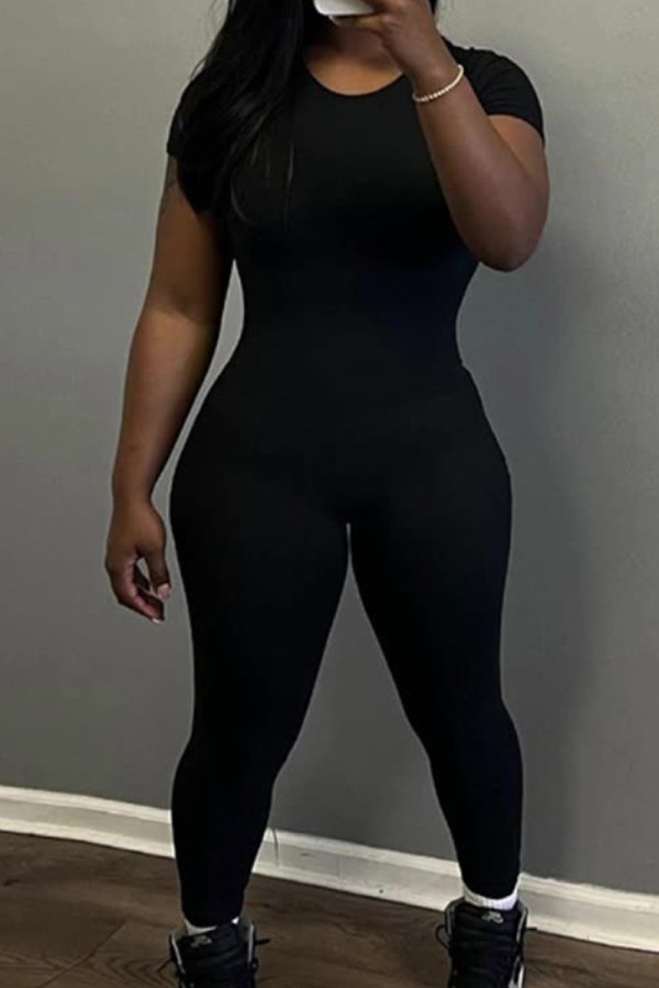 Zwarte sexy effen patchwork skinny jumpsuits met O-hals
