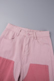 Rosa cor de rua bloco retalhos bolso botões zíper em linha reta cintura alta reta retalhos bottoms