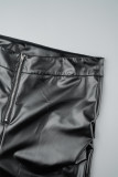 Calça preta casual sólida patchwork dobra skinny cintura alta convencional cor sólida