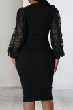 Black Elegant Solid Lace Bandage Patchwork V Neck Pencil Skirt Dresses