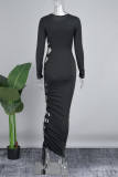 Black Sexy Casual Solid Hollowed Out Frenulum O Neck Long Dress Dresses