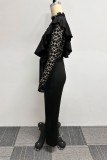 Zwarte sexy casual dagelijkse elegante kanten patchwork volant met riem effen kleur normale jumpsuits