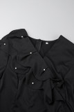 Schwarze, lässige, einfarbige Bleistiftrock-Kleider mit Gürtel und V-Ausschnitt