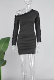 White Casual Solid Patchwork Oblique Collar Long Sleeve Dresses