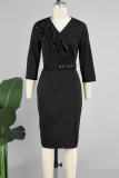 Черные повседневные однотонные платья-юбка-карандаш с V-образным вырезом и поясом