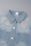 Bebê azul rua sólido rasgado retalhos bolso fivela turndown colarinho manga longa jaqueta jeans regular