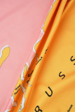 ピンク オレンジ カジュアル プリント ベーシック ハーフ タートルネック 長袖 ドレス
