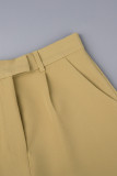 Calça casual sólida amarela terra com retalhos e bolso regular de cintura alta convencional de cor sólida