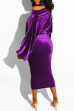 Púrpura oscuro Moda Sexy Sólido sin espalda Collar de una palabra Vestidos de falda escalonada