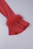 Robes jupe crayon rouge élégantes en patchwork solide avec fermeture éclair et col rond