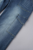 Luz azul rua sólido retalhos bolso botões zíper em linha reta cintura baixa reta cor sólida bottoms
