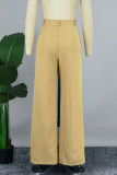 Земляно-желтые повседневные однотонные брюки в стиле пэчворк с карманами, обычные однотонные брюки с высокой талией