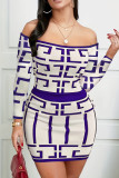 Royal Blue Casual Geometry Print Patchwork Long Sleeve Two Pieces Off the Shoulder Tops And Skirt Sets
