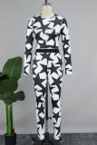 Black White Street Star Print Patchwork O Neck Long Sleeve Two Pieces Crop Tops And Pants Sets