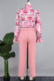 Roze casual printbandage met riem, twee stukken met lange mouwen
