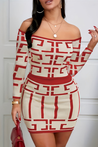 Red Casual Print Patchwork Off the Shoulder Long Sleeve Two Pieces