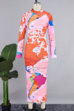 Pink Orange Casual Print Basic Half A Turtleneck Long Sleeve Dresses