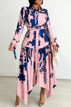 ピンクのエレガントなプリント パッチワーク ベルト ターンダウン カラー不規則なドレス ドレス