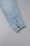 Baby Blue Street Solid Ripped Patchwork Pocket Buckle Turndown Collar Long Sleeve Regular Denim Jacket