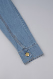 Blue Street Solid Patchwork Pocket Buttons Zipper Turndown Collar Long Sleeve Regular Denim Jumpsuits