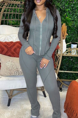 Grey Casual Solid Patchwork Draw String Zipper Hooded Collar Long Sleeve Two Pieces
