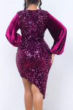 Fuchsia Elegant Solid Sequins Patchwork V Neck Irregular Dress Dresses