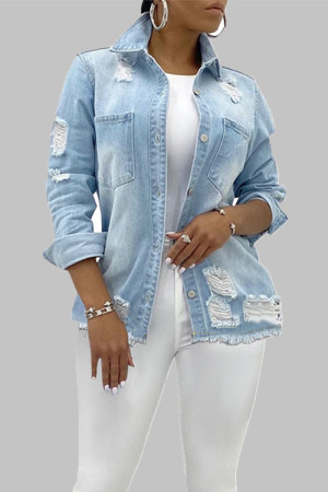 Baby Blue Street Solid Patchwork Pocket Buckle Turndown Collar Long Sleeve Regular Distressed Ripped Denim Jacket
