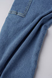 Hellblaue Street Solid Patchwork-Taschenknöpfe mit Reißverschluss, gerade, niedrige Taille, gerade, einfarbige Hose