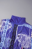 Blauwe straatprint patchwork hoge opening coltrui bedrukte jurk Jurken