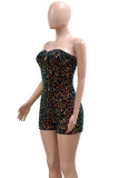 Black Casual Sequins Patchwork Zipper Strapless Skinny Rompers
