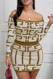 Apricot Casual Geometry Print Patchwork Long Sleeve Two Pieces Off the Shoulder Tops And Skirt Sets