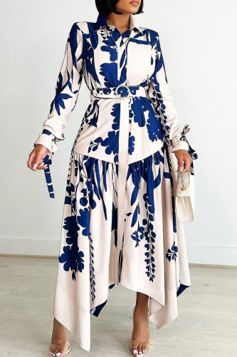 Apricot Elegant Print Patchwork With Belt Turndown Collar Irregular Dress Dresses