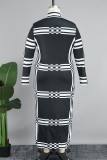 White Casual Striped Patchwork Turtleneck Long Dress Plus Size Dresses
