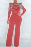 Rose Red Casual Solid Tofs Patchwork Genomskinlig Hot Drill Zipper O Neck Vanliga Jumpsuits