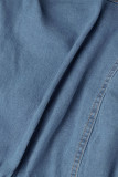 Blue Street Solid Patchwork Pocket Buttons Zipper Turndown Collar Long Sleeve Regular Denim Jumpsuits