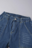 Blaue Street Solid Patchwork-Taschenknöpfe mit Reißverschluss, gerade, niedrige Taille, gerade, einfarbige Hose